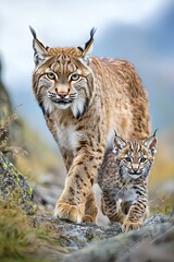 Fototapeta premium A Majestic Lynx and Her Playful Kitten Stroll Together on a Rocky Hillside in Nature's Beauty