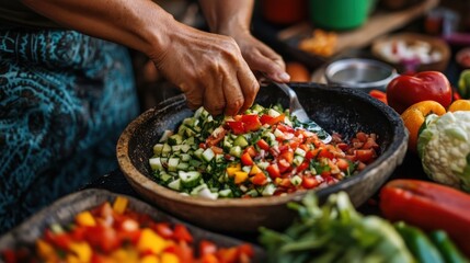 Obraz premium Hands mixing vibrant salad outdoors, cooking demonstration, market background