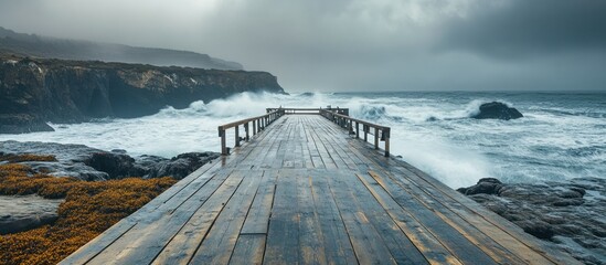 Wooden pier extending into a stormy ocean with crashing waves against a rocky coastline under a dramatic sky.