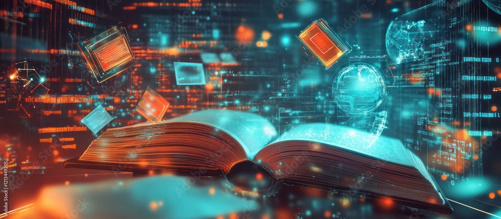 Poster open book with glowing digital data and icons.