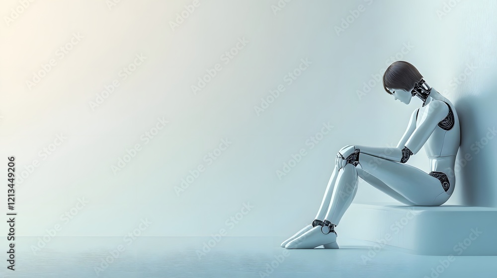 Poster a humanoid robot sits in a contemplative pose, reflecting solitude in a minimalistic space.