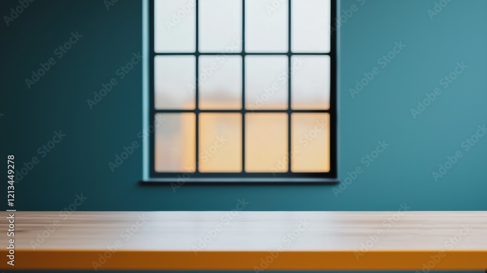 Poster empty table in a minimalist office with large window and teal wall