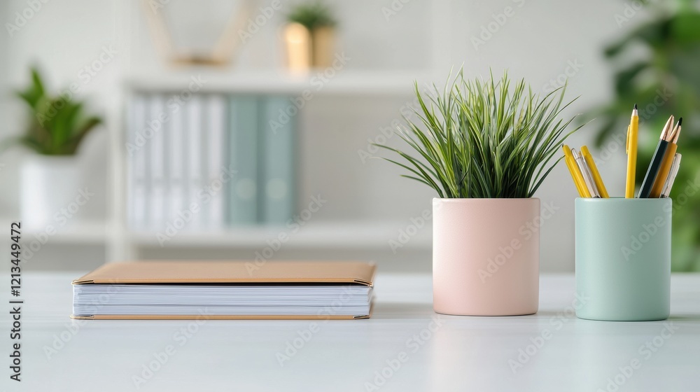 Aufkleber minimalist workspace promoting productivity with color-coded files and neat supplies