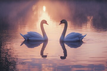 Fototapeta premium Two swans on a calm lake at sunrise.