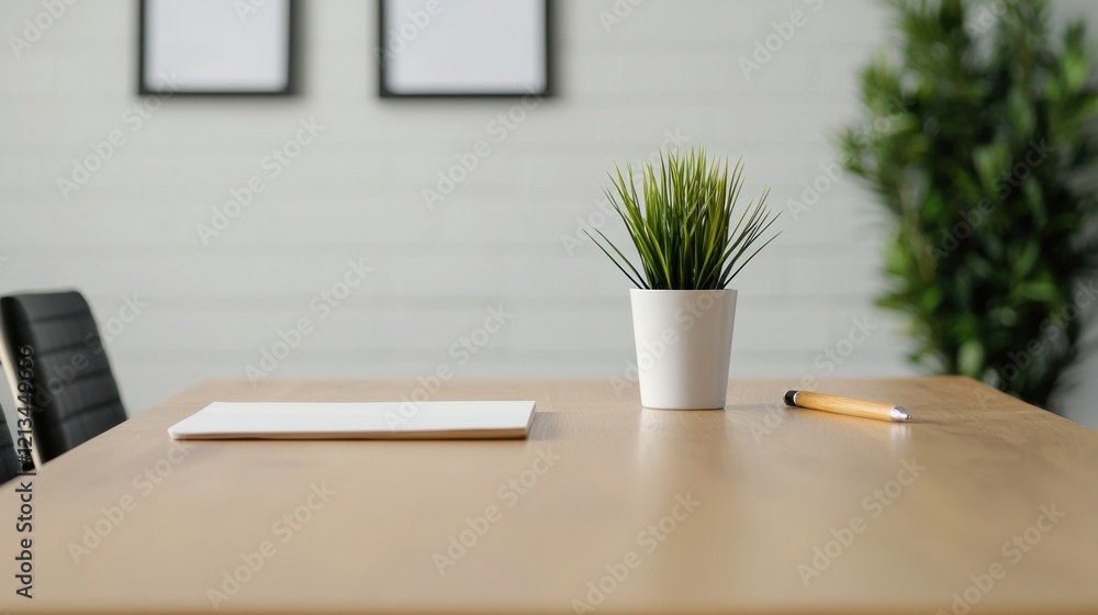 Poster minimalist workspace inviting teamwork with empty table, plant and pen