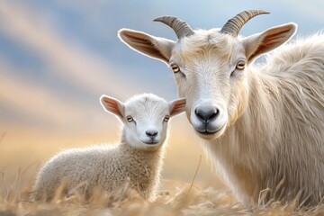 Obraz premium Adorable Baby Goat and Its Loving Mother Enjoying a Beautiful Day in the Sunny Field Together