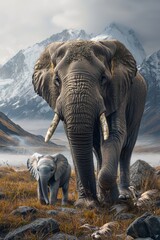 Fototapeta premium A Heartwarming Scene of a Large Mother Elephant Standing Beside Her Adorable Baby Elephant