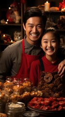Happy Asian bakery owners pose with festive treats.