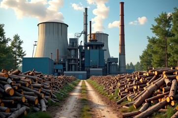 A large industrial facility with smokestacks and a pile of logs