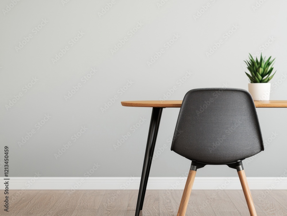 Poster modern workspace with wooden table and black chair inviting to brainstorming