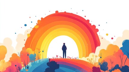 Fototapeta premium Person standing before a vibrant rainbow arch in a colorful landscape.
