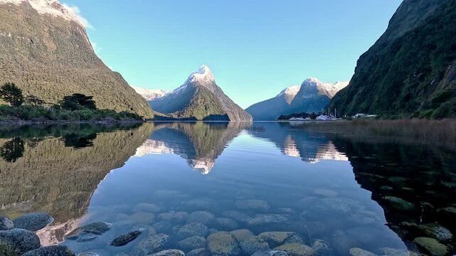 Milford Sound on a calm winters morning. Reflection of Mitre Peak. Fiordland National Park, South Island, New Zealand