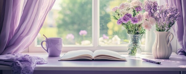 Peaceful Lavender Windowsill Still Life: Book, Flowers, and Morning Light