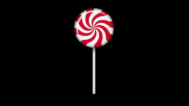 Lollipop on stick animation. Sweet candy animation. Animation for new years day, winter holiday, dessert, new years event. Transparent background with alpha channel