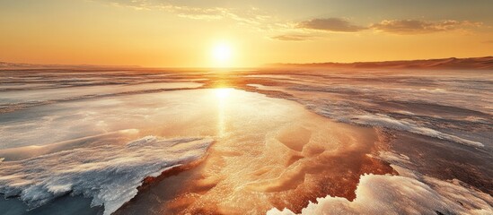 Sunset over a frozen, salt flat landscape.