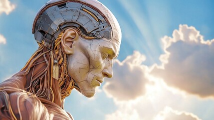 Obraz premium Contemplative Android: A Futuristic Vision of Artificial Intelligence and Human Evolution Against a Dramatic Sky