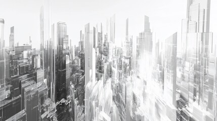 Abstract monochrome cityscape featuring tall buildings with a hazy, reflective appearance