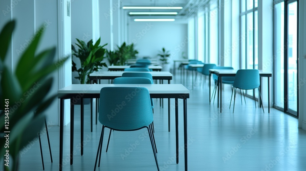 Poster modern office interior with turquoise chairs and white tables creating a collaborative workspace
