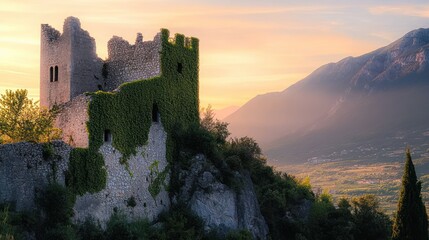 Ivy-covered castle ruin on a mountain at sunset.