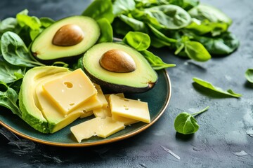 A vibrant visual of a ketogenic lunch, featuring avocado, cheese