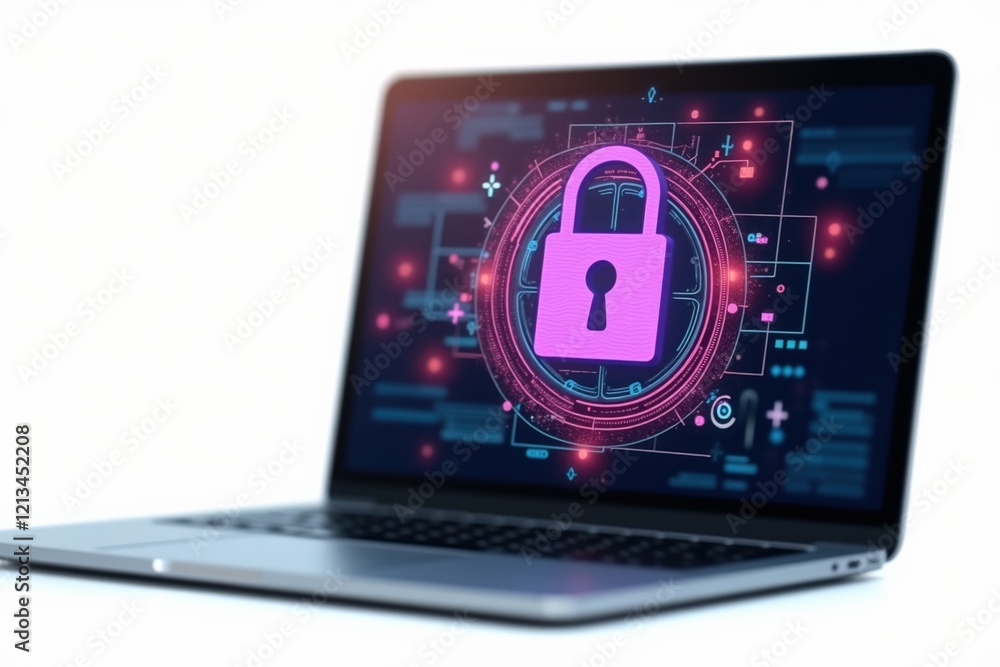 Poster cybersecurity icon representing digital protection on laptop screen with futuristic elements and loc