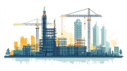 Cityscape under construction with cranes and buildings.