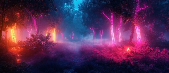 Obraz premium Enchanting neon-lit forest path at night, with fog and vibrant colors.