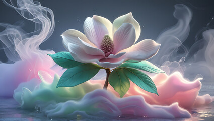 Fototapeta premium icy magnolia flower on snowy background, created by generative ai