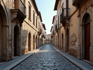 Fototapeta premium A serene, cobblestone street in an old town, bathed in sunlight