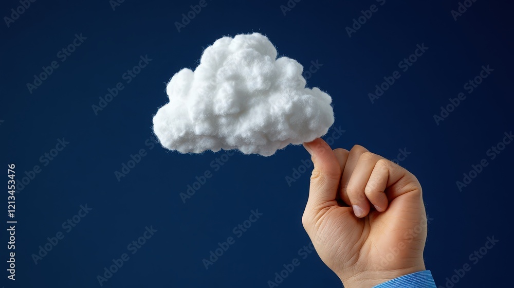 Poster cloud computing concept: a hand gently balances a fluffy white cloud on its fingertip against a deep