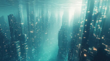 Stunning aerial view of a futuristic metropolis at night with a dense skyline of towering skyscrapers and office buildings illuminated by a sea of glowing lights and reflections  An impressive