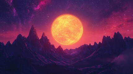 Alien Planet Sunset: Mountains under a Giant Orange Sun