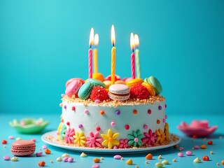 A sweet celebration treat, decorated with candles and colorful toppings