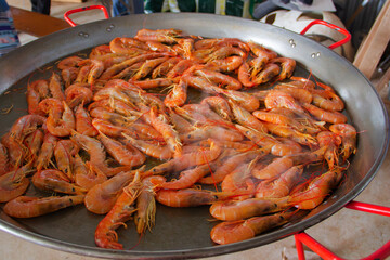 Deliciously Cooked Shrimp in a Large Paella Pan