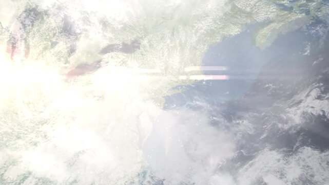 Earth zoom in from space and focus on North Bergen, New Jersey, USA. Background for travel blog or intro. Satellite view. 3D style animation. Images from NASA.