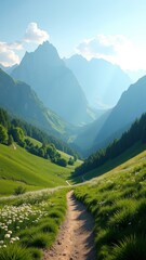 Fototapeta premium Serene valley with lush greenery and majestic mountains