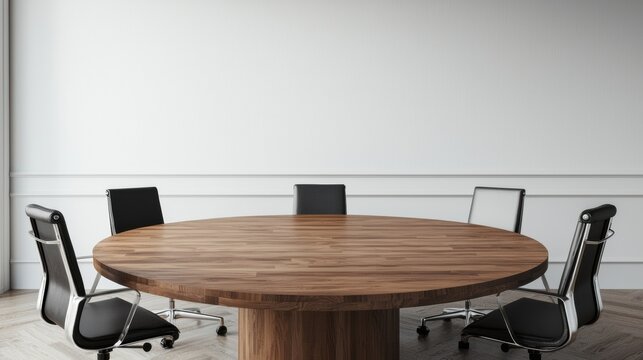 Round wooden table and black office chairs in a modern corporate office fostering open collaboration