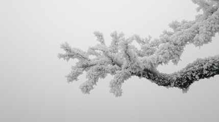 Obraz premium Frosty Tree Branch Adorned with Intricate Ice Crystals on a Cold Day