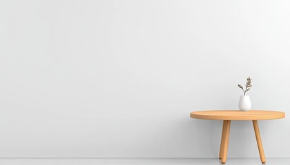 Minimalist interior scene featuring a wooden table with a vase and dried flowers against a white wall