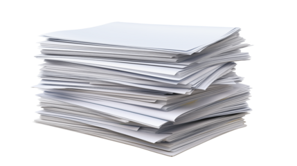 High stack of papers document on a transparent background