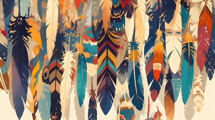 Rows of feathers with a central contrasting design arranged on a plain background