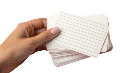 A close-up of a hand holding a stack of blank index cards, ready for notes or organization.
