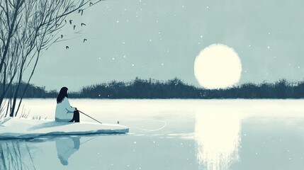 Naklejka premium Solitude by the Moonlit Lake: A Winter's Evening