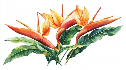 Colorful Paradise Bird and Heliconia Flowers in Tropical Water