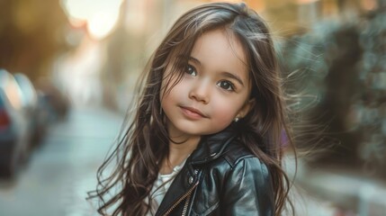 Fototapeta premium Portrait of cute little girl in leather jacket posing against blurry background, AI generated image