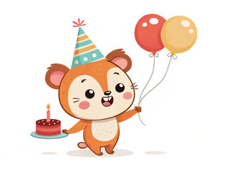 Fototapeta premium birthday, cartoon, vector, illustration, animal, celebration, balloon, child, party, bear, cake, holiday, balloons, cat, fun, baby, gift, toy, card, love, boy, funny, kid, design, decoration