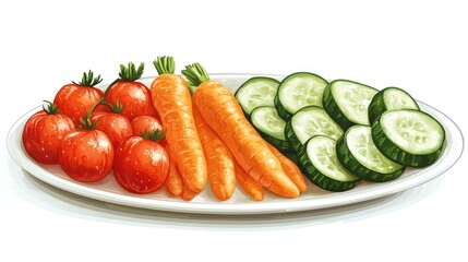 Fresh vegetables tomatoes, carrots, and cucumbers on a plate.