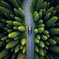 A winding road through a lush forest, with a red car driving along it