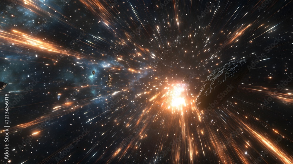 Poster asteroid field exploding bright light streaks across space