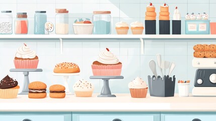 Delicious cupcakes and pastries displayed on shelves and counter in a bakery.